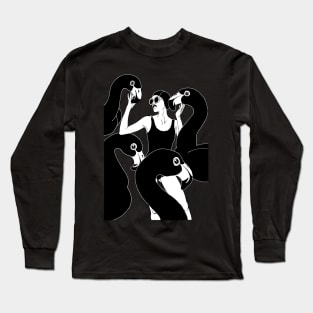 lady in black with flamingo Long Sleeve T-Shirt